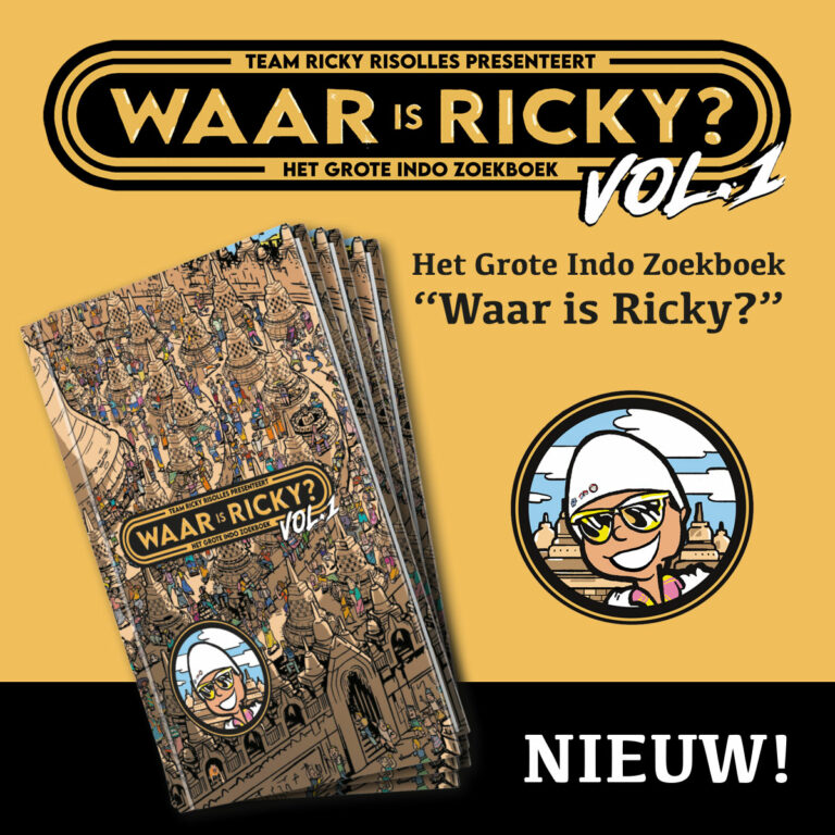 Vind jij Ricky Risolles, Tante Lien en de rest van Team Ricky? Dat en nog veel meer is te zoeken in het gloednieuwe zoekboek voor jong en oud! Met prachtige scenes (geïllustreerd door Lucas Flaton) van de Tong Tong Fair tot Kuta Beach en van Dierenpark Taman Indonesia tot aan de Bromo.
Naar het idee van Jaro Wolff.